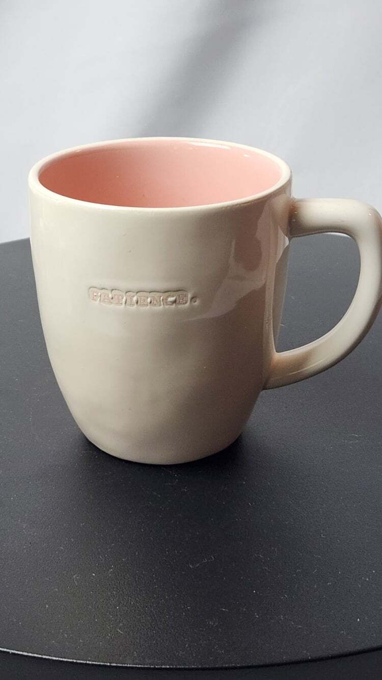 Rae Dunn Embossed 'Patience" Coffee Mug Rare NWOT